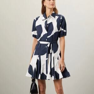 Milly Blue White Floral Fit Flare Mini Dress Size 10 Shirt Cotton Designer $425